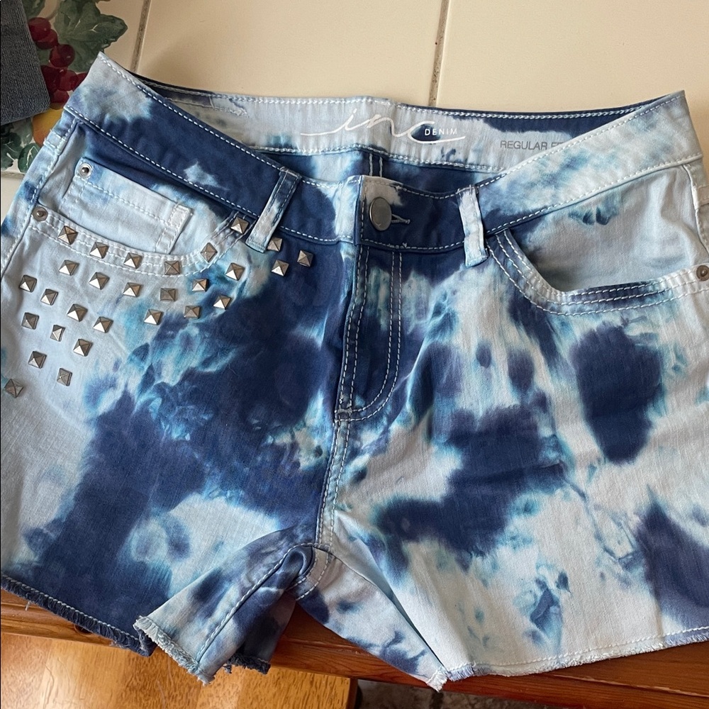 INC International Concepts Blue Tie-Dye Jean Shorts with Studs